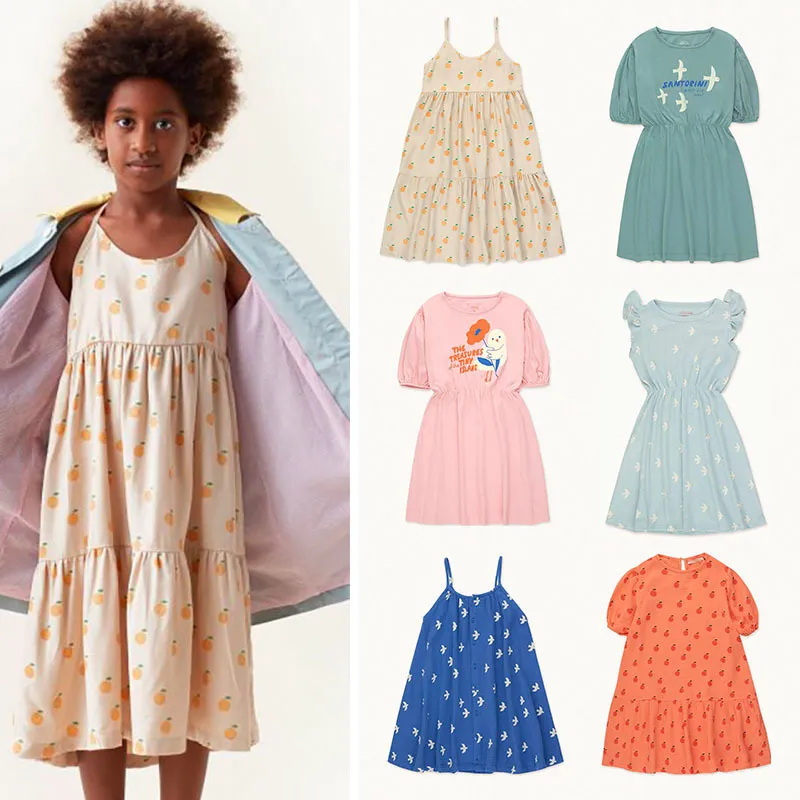 Enkelibb 22Ss Kids Girls Summer Dresses Märke Designer Kläder för barn Tjejer TC Toddler Kortärmad Klänningar Orange Skriv ut 220309