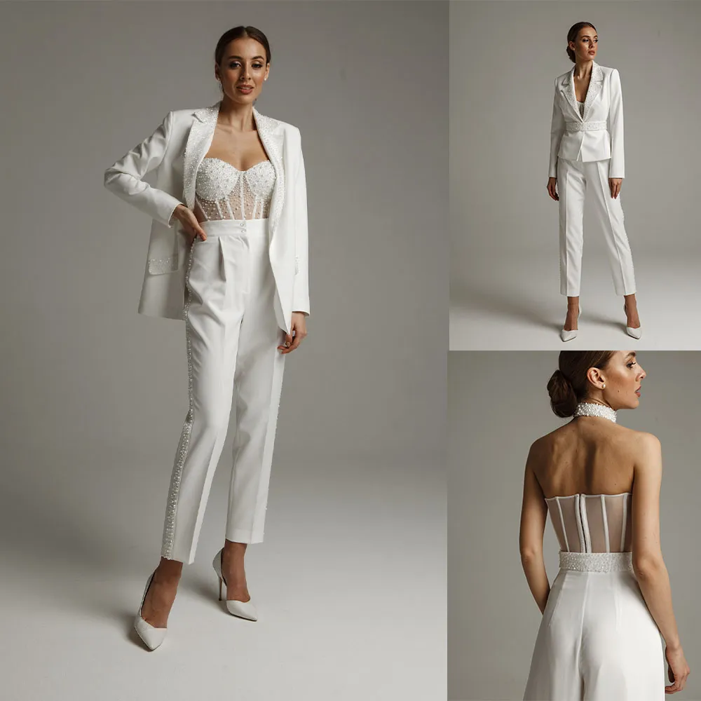 Perles Perles Costumes Femmes Smokings De Mariage De Luxe De Bal De Soirée Invité Tenue De Soirée Sur Mesure Pantalon (Veste + Pantalon)