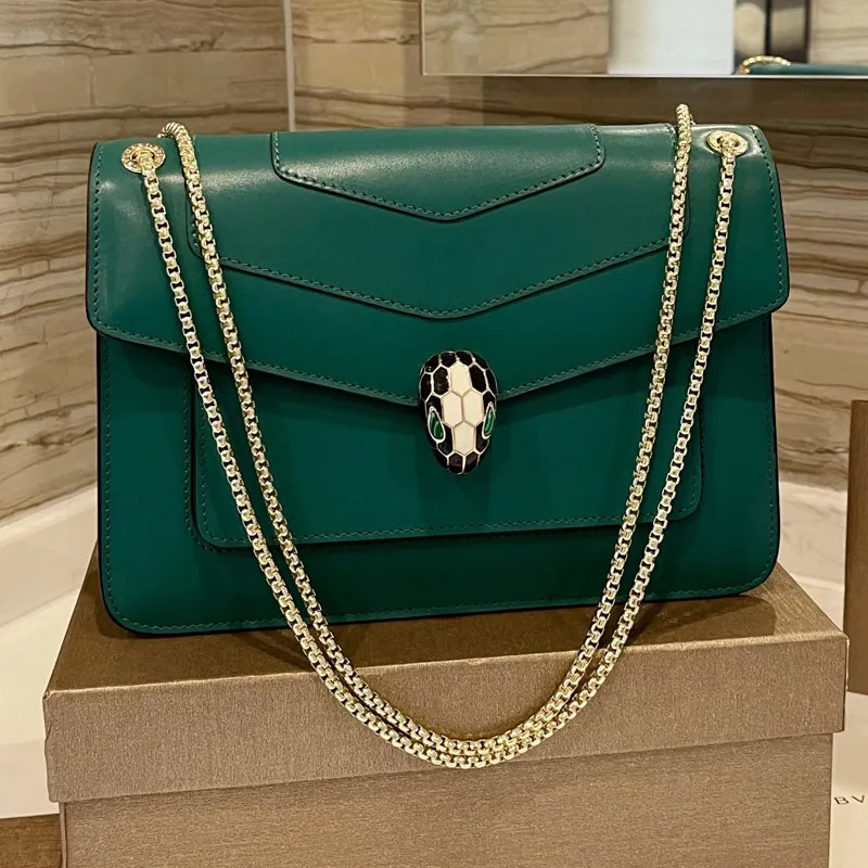 Fashion Chain Handbag Snake Diamond Hasp Crossbody Bag Cowhide Leather Shoulder Bag Lady Flap