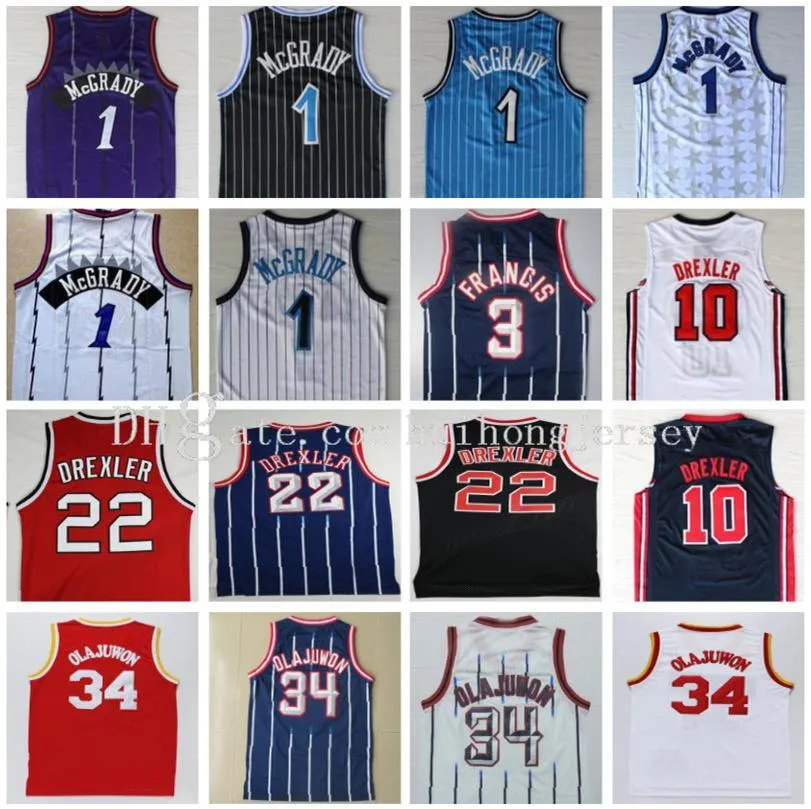 Wysokiej jakości 22 Clyde Drexler Jersey czarny czerwony 34 Hakeem Olajuwon biały niebieski pasek 3 koszulki do koszykówki Steve Francis Retro rzut z powrotem