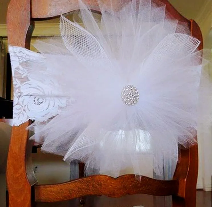 2021 I lager Olika färger Bröllopsstolskydd Elegant 3d Flower Tulle Crystal Lace Stolar Sashes Dekorationer Kjolar ZJ017