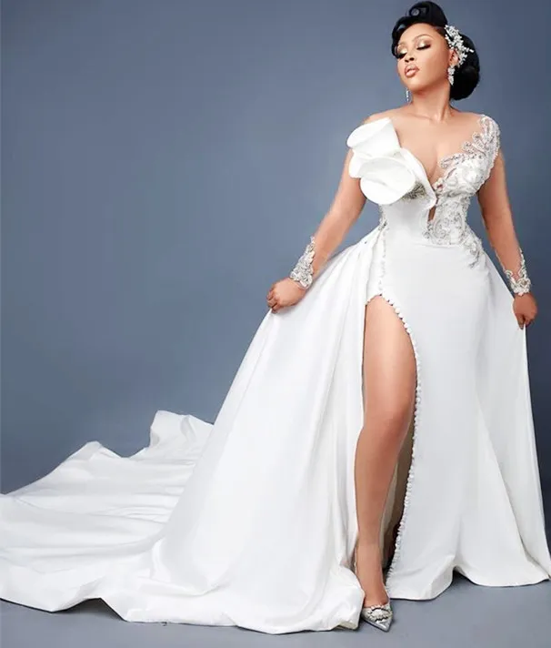 2021 Plus La Taille Arabe Aso Ebi Sirène Dentelle Cristaux Robes De Mariée Sheer Cou Haute Split Train Détachable Robes De Mariée ZJ575