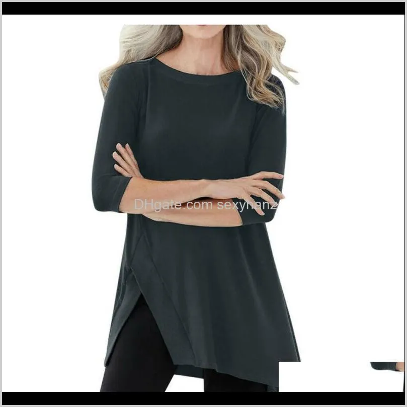 plus size women`s loose crew neck 3/4 sleeve t-shirts solid casual long pullover jumper solid slit irregular top shirts 5xl