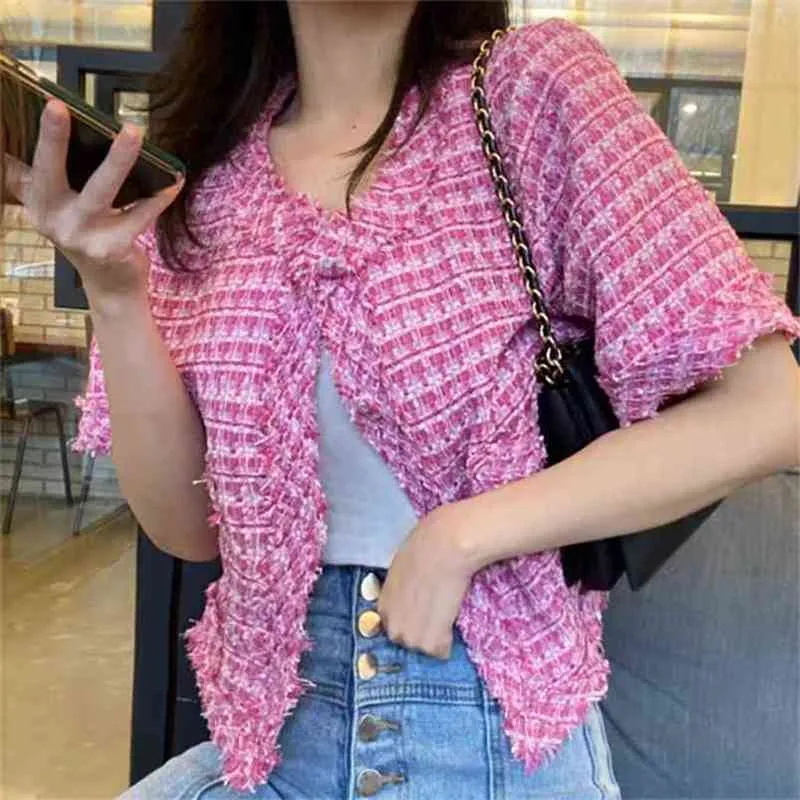 Mulheres Mulheres Vintage Tweed Curto Casaco Senhoras Manga Manta Crop Top Casual Jaquetas Slim Feminino Outwear 210603