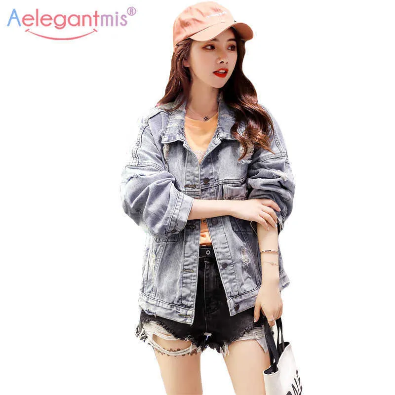 AelegantMis Autunno Donne Denim Giacca Giacca Giacca Retro Strappato Fori Femminile Jeans Cappotto Signore Scelta Vintage Casual Capispalla Casual 210607