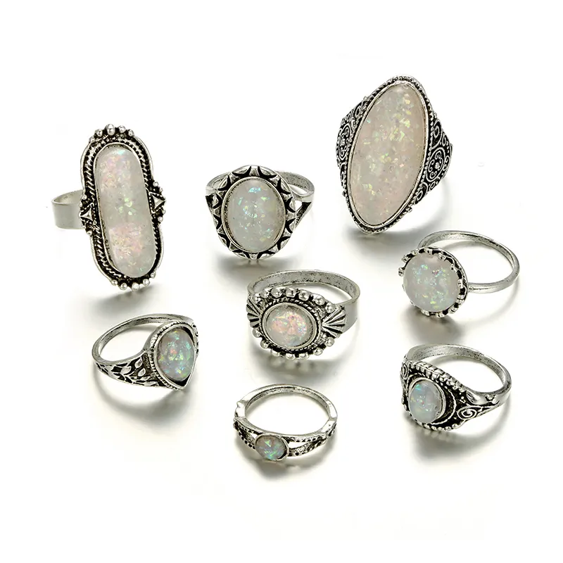 TOCONA 8 sztuk / zestaw Vintage Antique Silver Color Pierścionki Zestawy Kolorowe Kamień Opal Carve Dla Kobiet Mężczyzn Czeski Biżuteria Anillos 6421