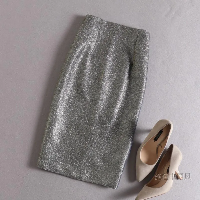 Glitter Sequined Pencil Skirt Women Silver Sparkle Skirts Midi Knee Length High Waisted Shiny Work Office Lady Night Club Party