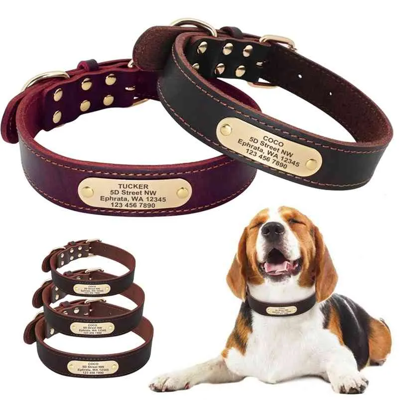 Colar de cachorro personalizado Couro Personalizado Pet Nome Tag Colares para Cães Grandes Médio Pitbull Beagle Shepherd Gravado ID Tag 210729