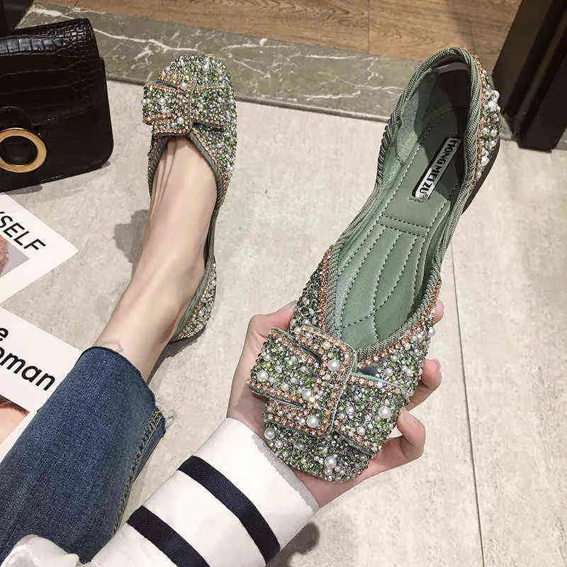 Sandals Women Ballet Flats Bling Crystal Diamond Dress Ladies Bow Sequins Single Shoes Rhinestone Glitter Square Toe Plus Size 43 220309