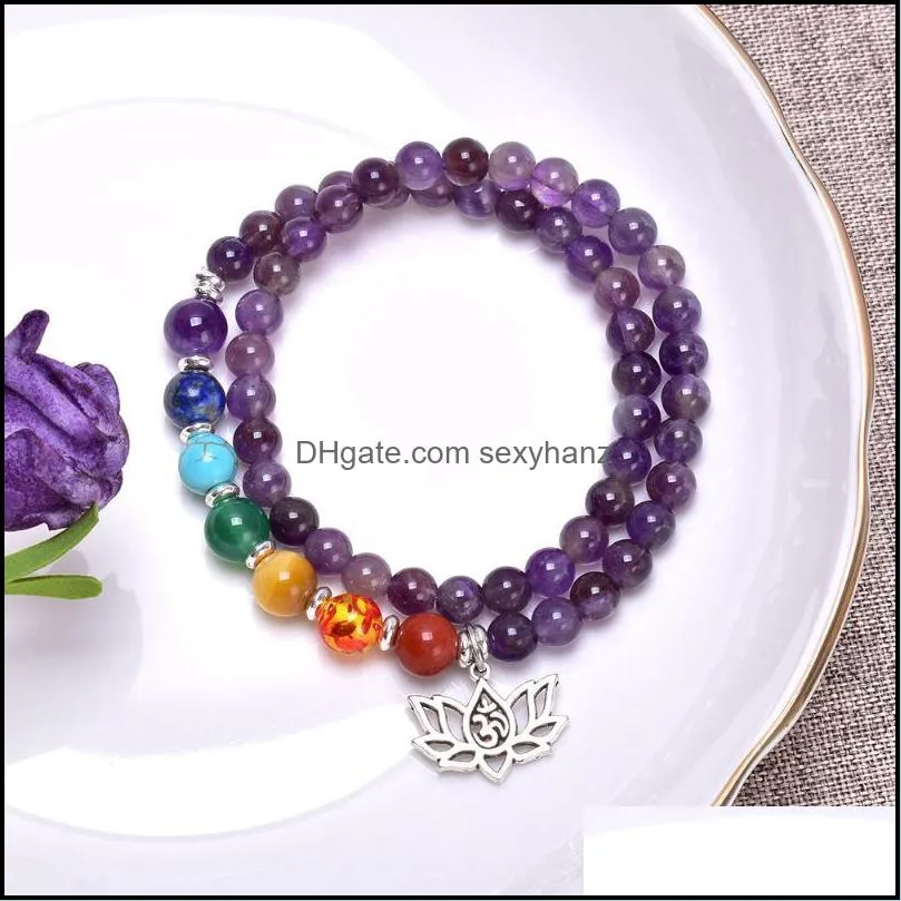 Beaded, Strands Natural Amethyst And Charm Bracelet Crystal Bead Stretch Chakra Yoga Women Spiritual Energy Protection Jewelry