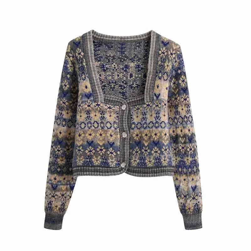 Vintage kvinnor blommig jacquard tröja mode damer stickade korta kappor streetwear kvinnlig chic torg krage cardigan 210430