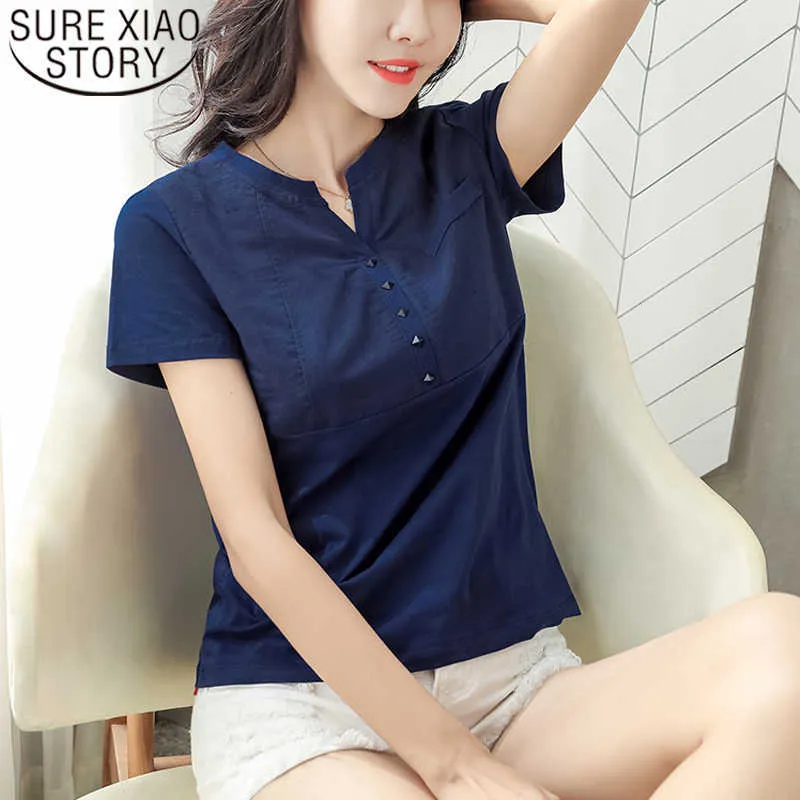 Verão Tees Mulheres Tops e Blusas Mulheres Mulheres Algodão Branco Camisa Coreano V-Neck Senhoras Plus Size Loose Tops Lady 210527
