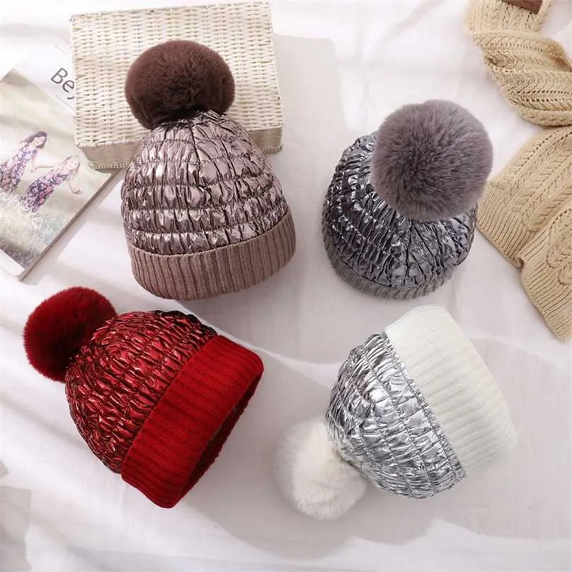 Kapelusz Cntang Dla Kobiet Zima Ciepłe Czapki W Dół Styl Faux Rabbit Fur Pompom Czapki Odblaskowe Ladies Casual Fashion Cap 211119 \ t