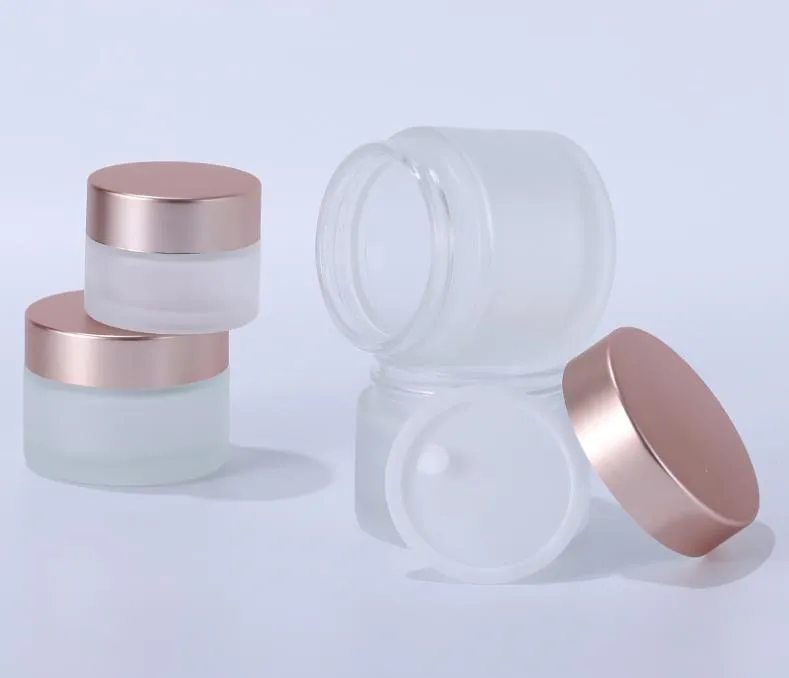 Frosted Glass Cream Jar Clear Cosmetic Fles Lotion Lip Balm Container met Rose Gold Deksel 5G 10G 15G 20G 30G 50G 100G SN3335