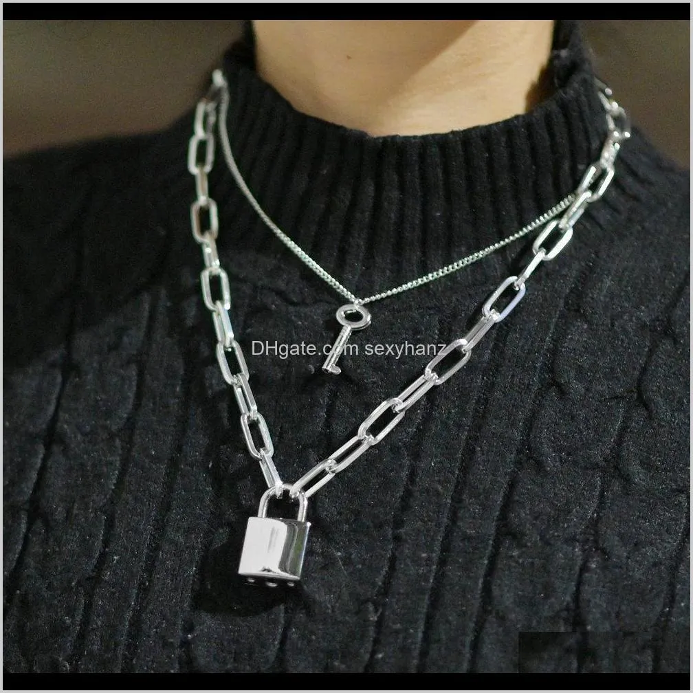 lock necklace lock key pendant necklace long chain punk multilayer statement choker necklace for women men fashion jewelry will and