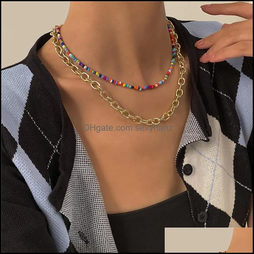 Hip Hop Double Layer Cross Metal Chain Retro Colorful Rice Beaded Necklaces Women Punk Party Gift Gold Link European Jewelry