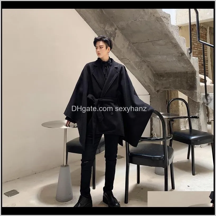 men winter oversize loose casual woolen cloak jacket male streetwear vintage hip hop gothic sashes outerwear coat stage clothing
