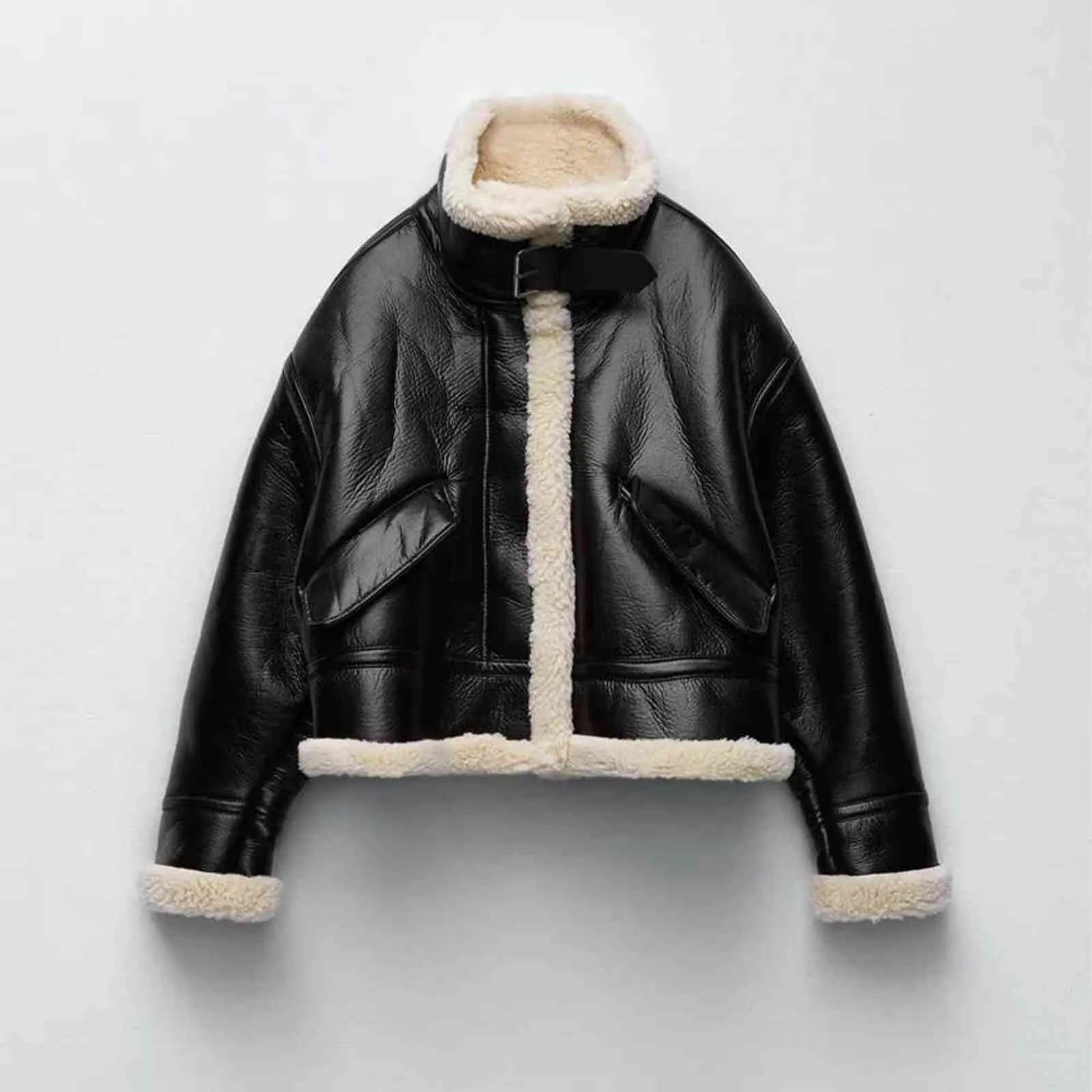 Za Kvinnor Jacka Höst Fashion Fleece Imitation Leather Jacket Coat Vintage Långärmad Kvinnlig Ytterkläder Chic Toppar 211118