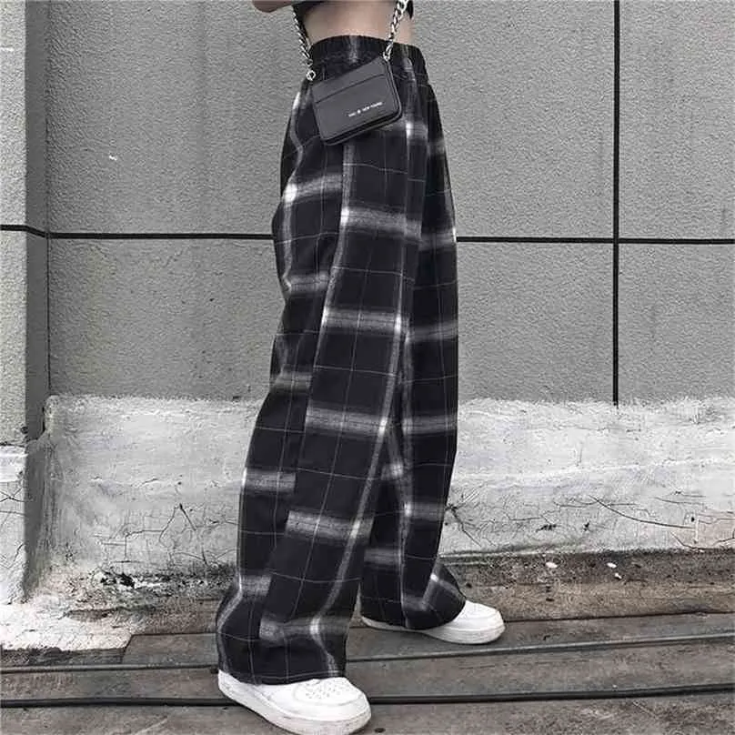cintura elástica calça xadrez high wide perna calças casuais feminino coreano coreano punk calças roupas gótico 210915