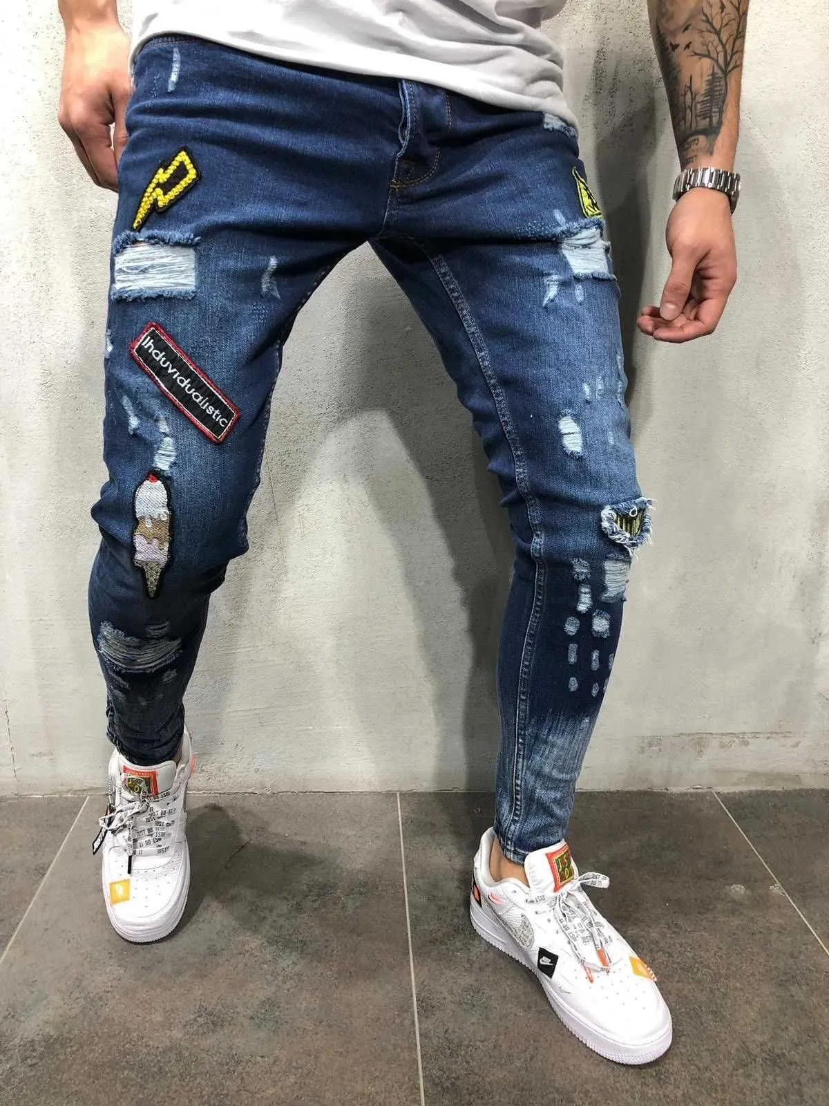Destroyed biker jeans online