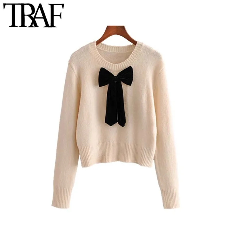 Kvinnor Vintage Sweet Short Style Bow Tie Stickad Sweater Fashion O Neck Långärmad Sträcka Kvinna Pullovers Chic Toppar 210507