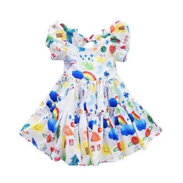 New Cute Toddler Baby Girl Floral Clothes Dress Summer Casual Cute Rainbow Cloud Party Brief Dresses 1-6Y Q0716