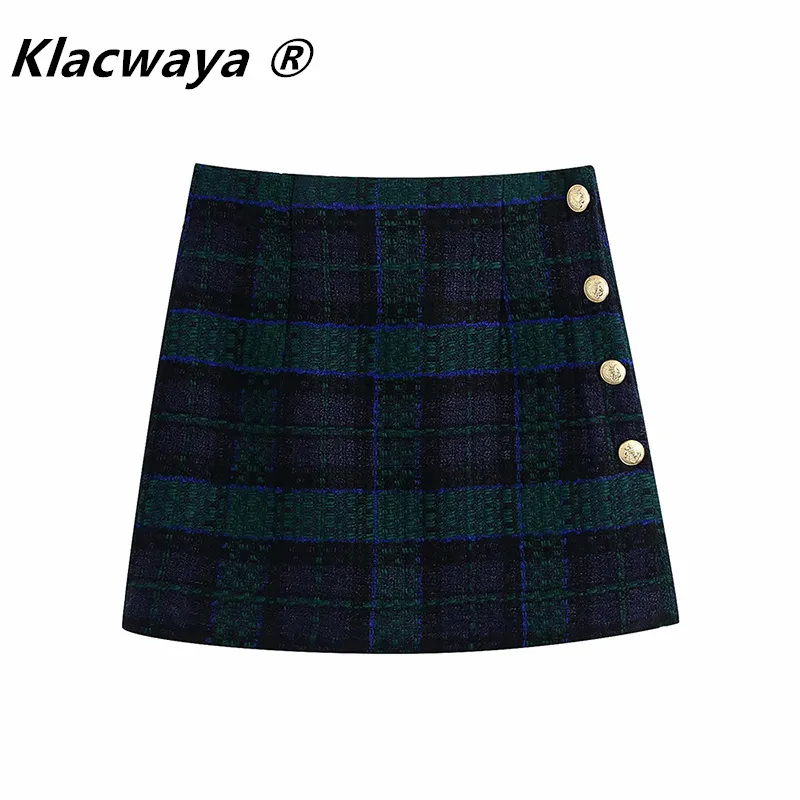 Kvinnor Mini Skirt Vintage Plaid Print Tweed Back Zipper Hög midja Slim Faldas Mujer Side Knappar Chic S 210521