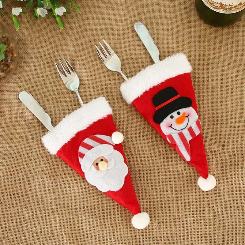 Noel Süslemeleri Şapka Çatal Çantası Şeker Hediye Çanta Sevimli Cep Çatal Bıçak Tutucu Masa Yemeği Dekoratif Sofra