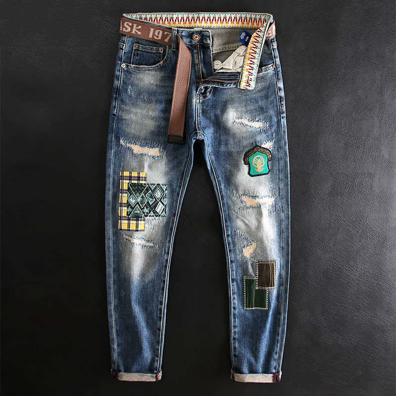 Amerikaanse straatmode mannen jeans hoge kwaliteit elastische slim fit gescheurde retro blauwe patches ontwerper hiphop denim broek