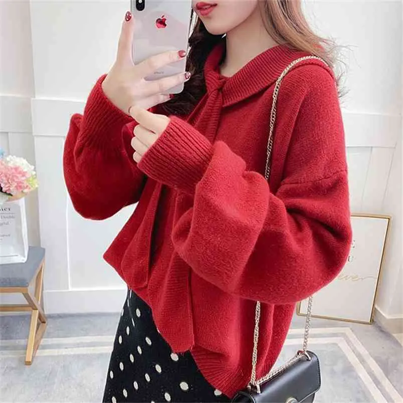 Spring Bow Tie Sweater Women's Lantern Sleeves Pullover Female Students Solid Loose Casual 210427