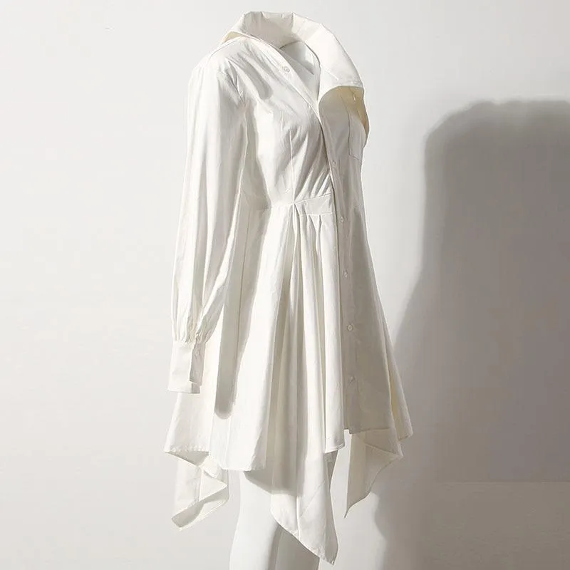 Dorywczo sukienki Nieregularne brzeg dla kobiet Lapel z długim rękawem Wysoka talia asymetryczna biała wiosna suknia kobieta moda