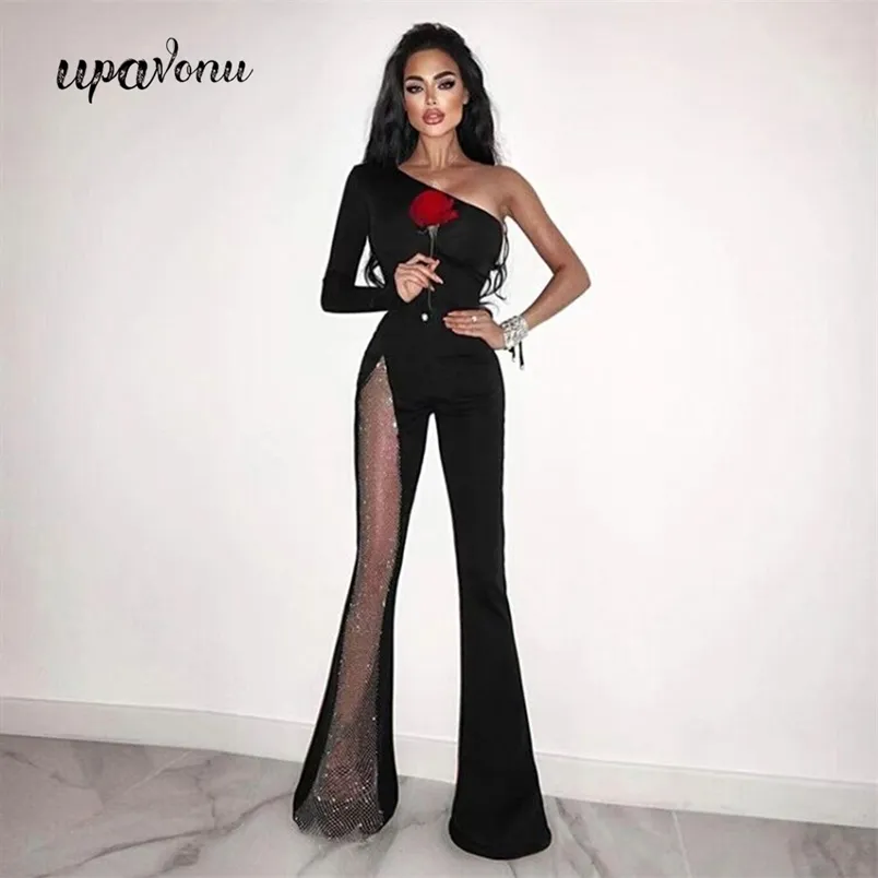 Gratis Dames Zomer Bodycon Flare Jumpsuit Sexy One Shoulder Long Sleeve Glanzend Mesh Splicing Club Party 210524