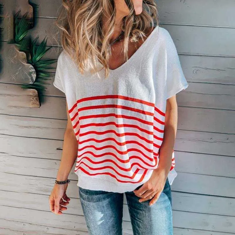 Stripe V Neck Kortärmad T-shirt Kvinnor Casual Loose Thin Section Tops StreetWear Enkelhet Sommar Ladies Tee Shirts 210604