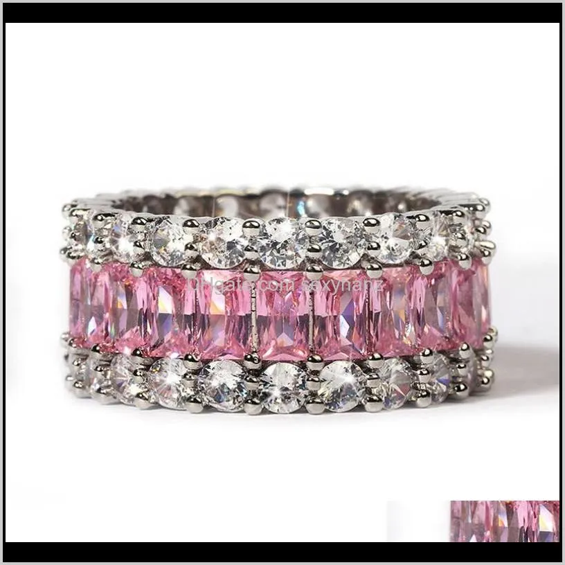 Ringar Drop Leverans 2021 Ankomst Lyx Smycken 925 Sterling Sier Princess Cut Pink Sapphire CZ Diamond Gemstones Promise Women Wedding Band