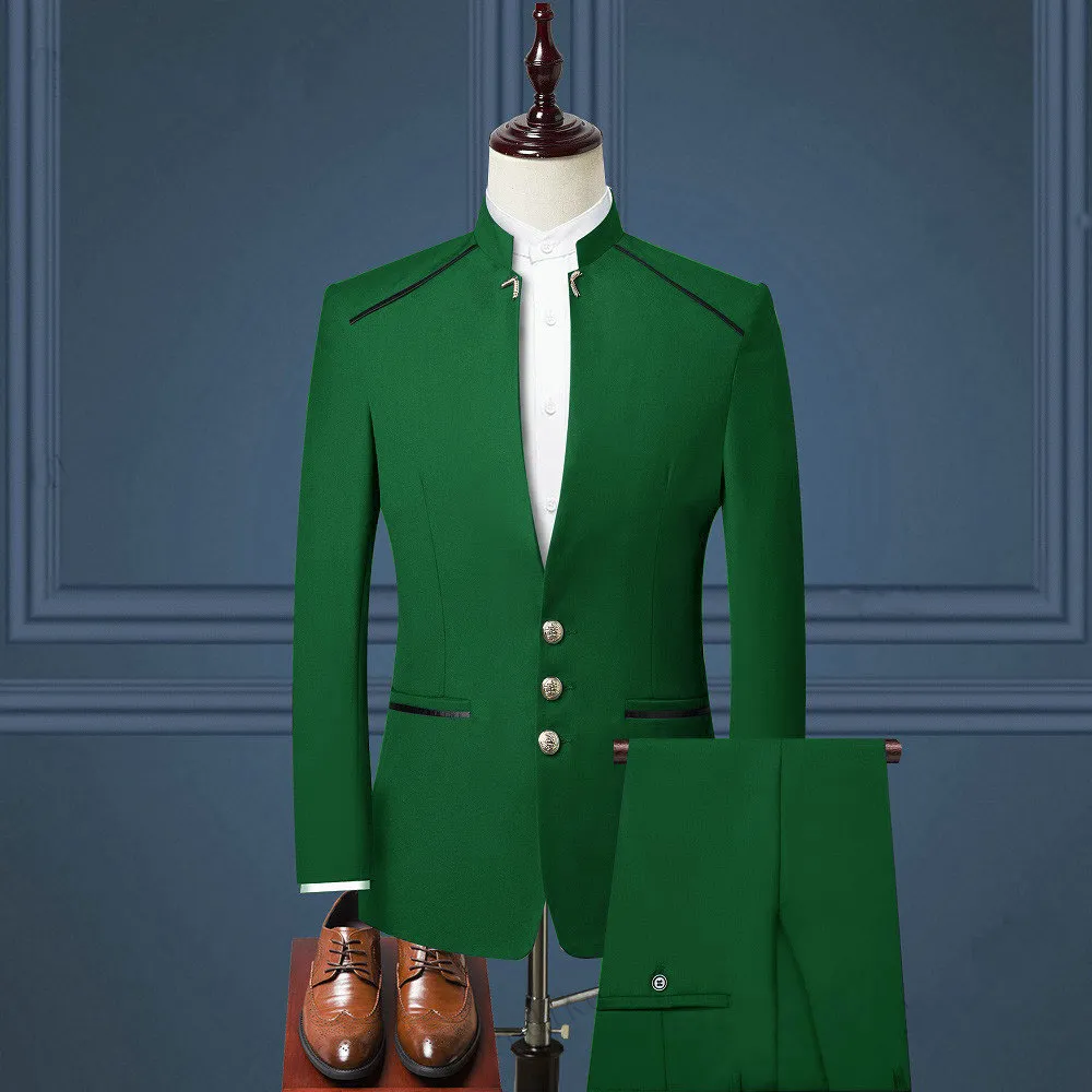 Custom Made Męskie Garnitury 2021 Green Stand Collar Moda Design Gold Buttons Groom Tuxedos Do Wedding Men Party Garnitury