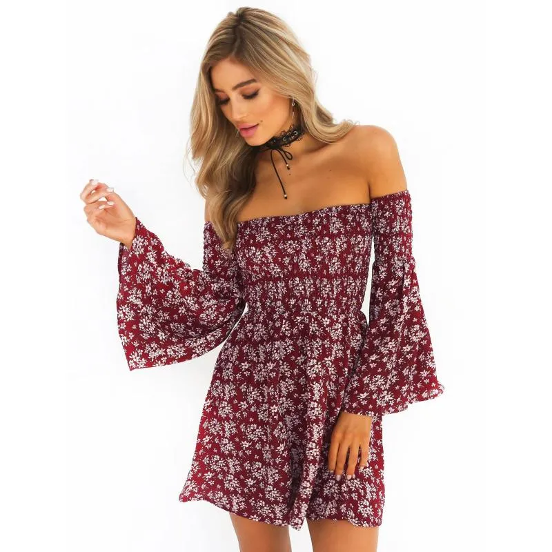 Floral Print Mini Jurken Slash Neck Beach Zomer Flare Lange Mouw Jurk Dames Boho Off Shoulder Casual