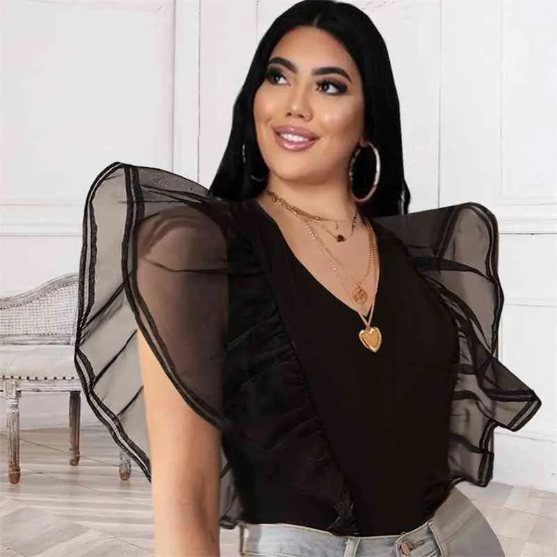 Women Tops Sexy V Neck Plus Size Summer Blouse Black Short Sleeve Patchwrok Clubwear Evening Occasion Top Shirts Drop XL 210527