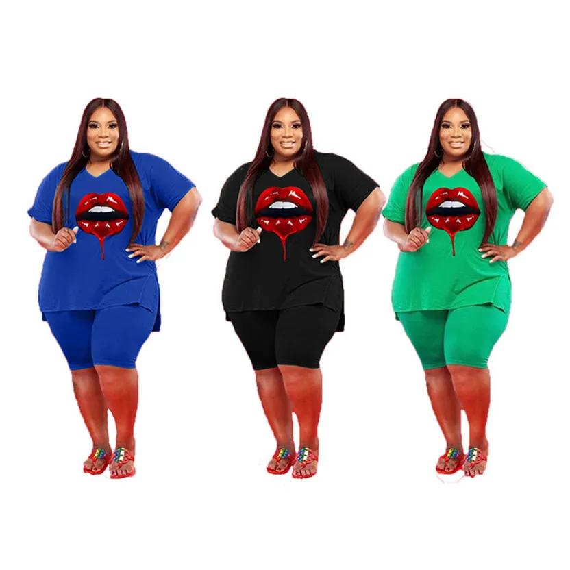 Summer Women plus size tracksuits bigger sizes 3XL 4XL 5XL outfits short sleeve T-shirt tops+shorts pants two pieces set casual sportswear black jogger suits 4755