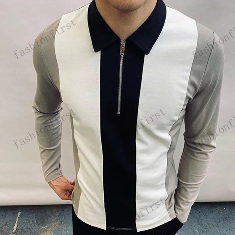 Рубашки поло для мужчин дизайнерская полоса T-футболки плед полосатая твердая печатная одежда мужская футболка весна осенью европа размер мода с длинным рукавом молния S-3XL вершина