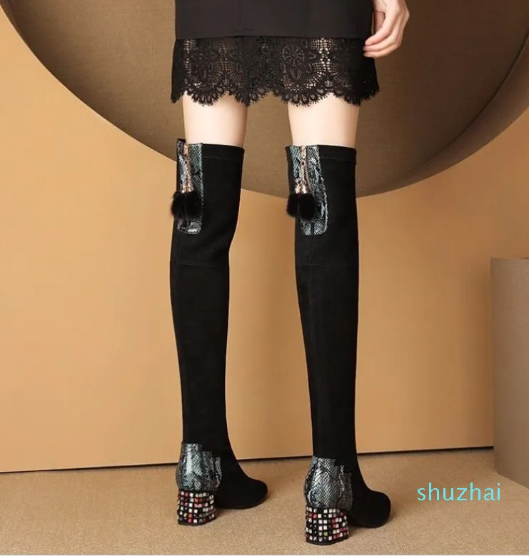 Luxury Winter Brands Women's Tall Boots Black Stretch Lady Over-knee-boot Studs High Heels Fashion Booties EU35-43