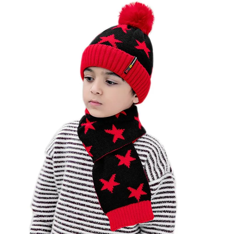 Conjunto de chapéus infantis grossos e quentes de inverno para meninos e meninas lindos gorros duplos cachecóis para presente