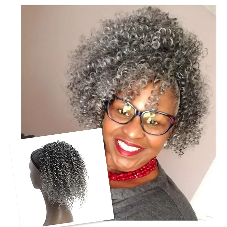 100% réel brésilien gris bouffée afro queue de cheval extension de cheveux clip dans Remy chignon chignon crépus bouclés cordon queues de cheval gris postiches 120g 140g