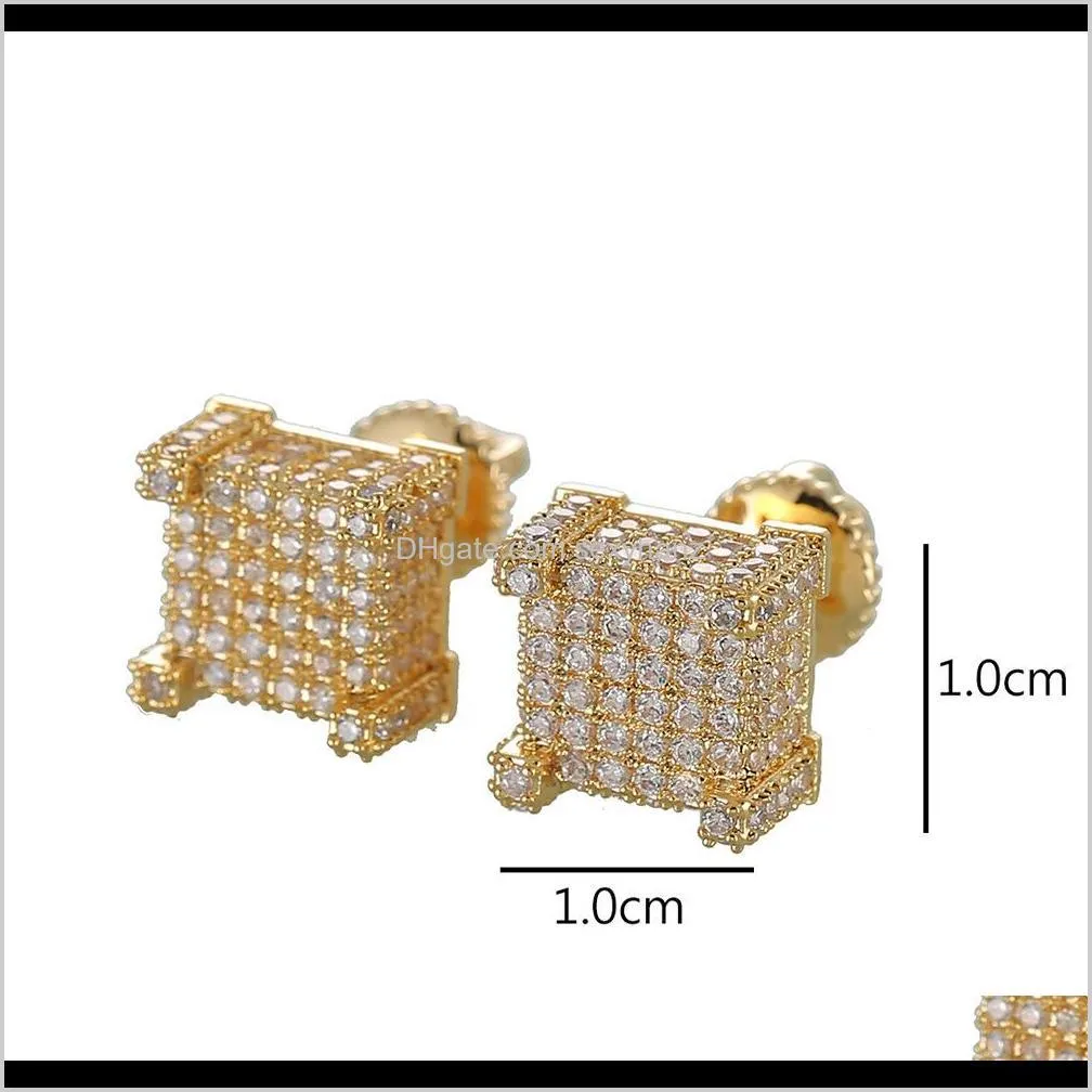 hip hop men silver earring shining cubic zircon square stud earrings screw back women trendy jewelry 9mmx9mm