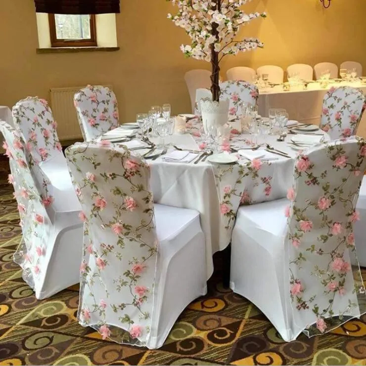 Tabela Bandeira de Pano 3D Bordado Flor Organza Cadeira Coberturas para Decorações de Casamento Casa