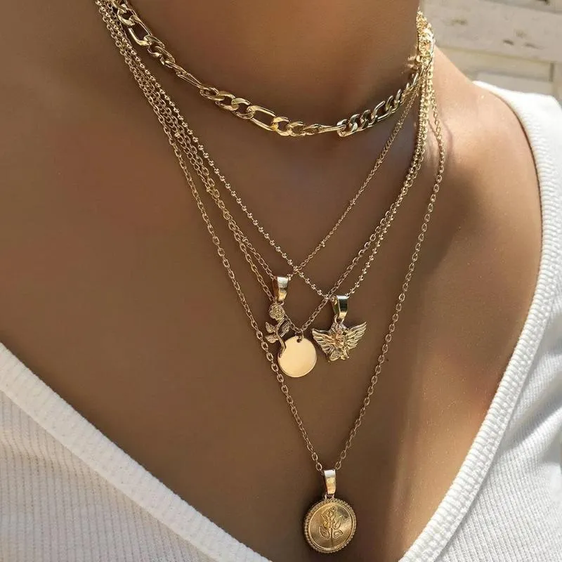 Pendant Necklaces Vintage Multi-layer Coin Flowers Chain Choker Necklace For Women Gold Silver Color Angel Portrait Chunky