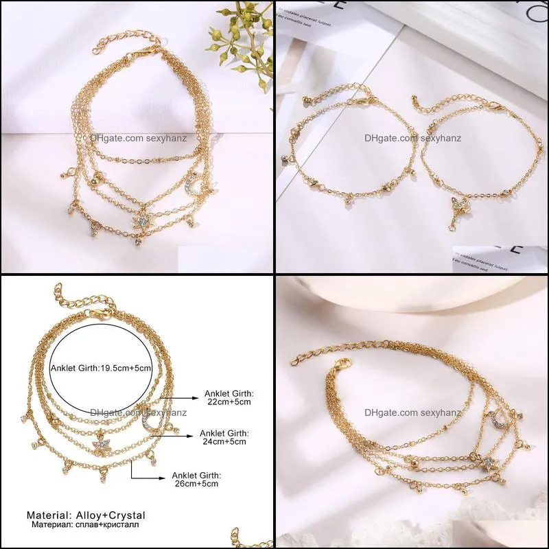 Anklets Summer Boho Moon Star Anklet For Women Gold Multilayer Crystal Ankle Bracelet Foot Chain Leg Beach Accessories Jewelry