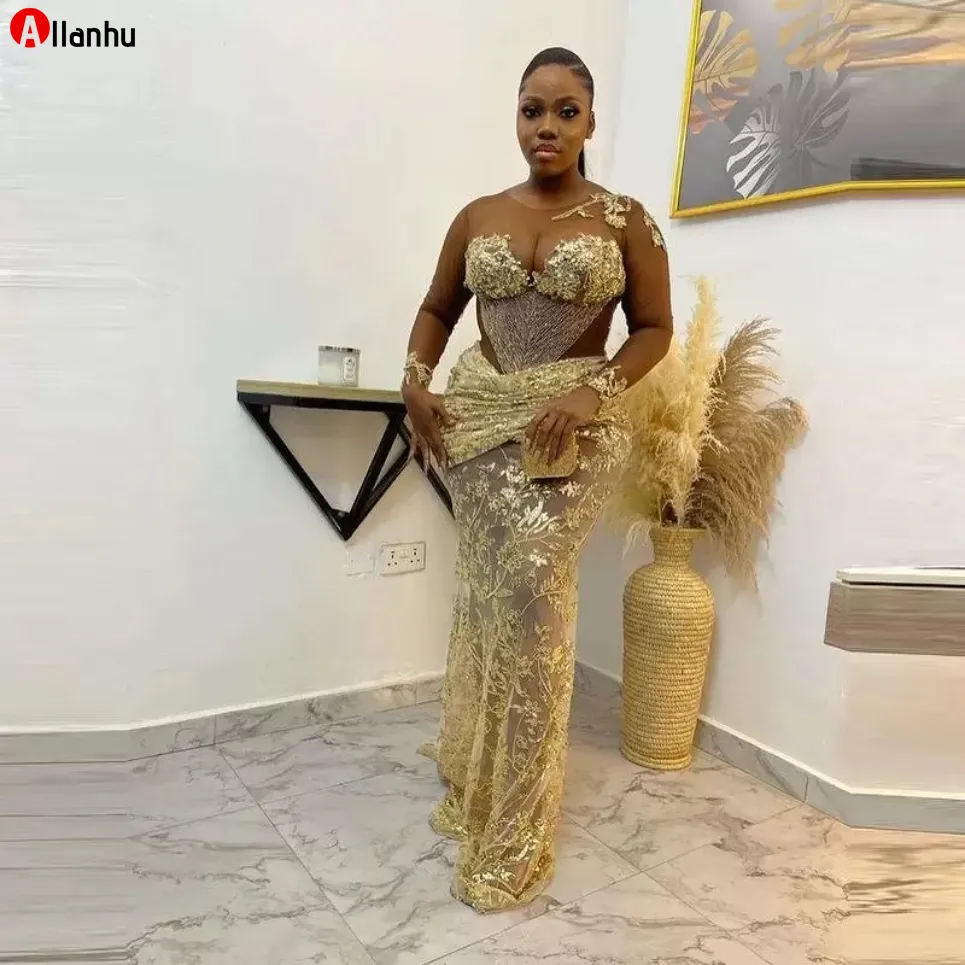 Gold Lace African Aso Ebi Gold Sparkly Prom Dress With Sheer Neckline Illusion Long Sleeves Beaded Appliques And Plus Size Option Perfect For Evening Formal Events 5s4 From Allanhu 145.13 DHgate.Com