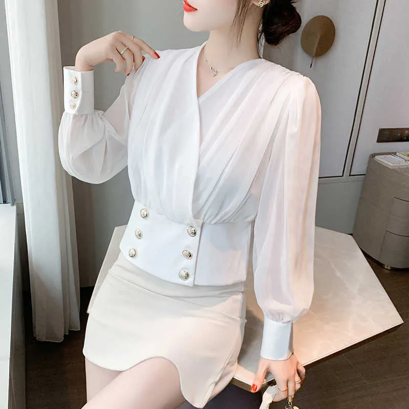 Mulheres Coreanas Blusas Chiffon Woman Lantern Manga Camisas V-Pescoço Branco Camisa Tops Plus Size Senhoras Top 210604