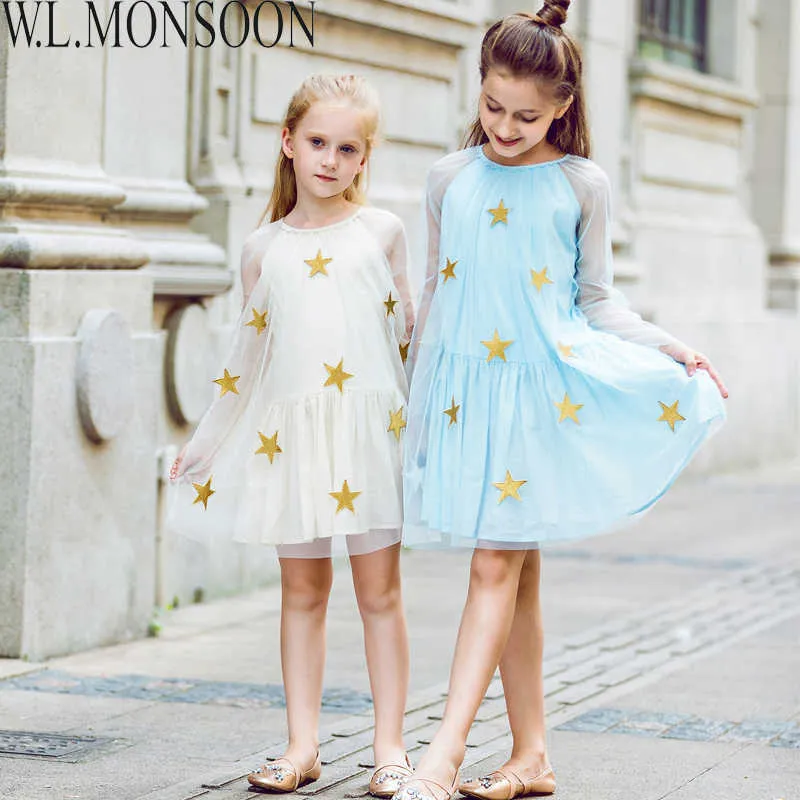 W.L.MONSOON Kids Wedding Dresses Girls Party Dress Children Clothes 2021 Brand Star Embroidery Lace Mesh Princess Dress Q0716