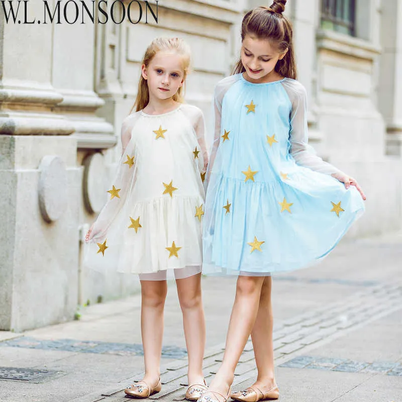 W.L.MONSOON Abiti da sposa per bambini Vestito da festa per ragazze Vestiti per bambini 2021 Vestito da principessa in maglia di pizzo con ricamo a stella di marca Q0716